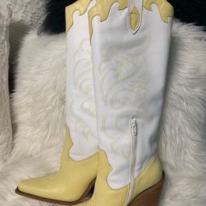 Yellow and white leather western boots